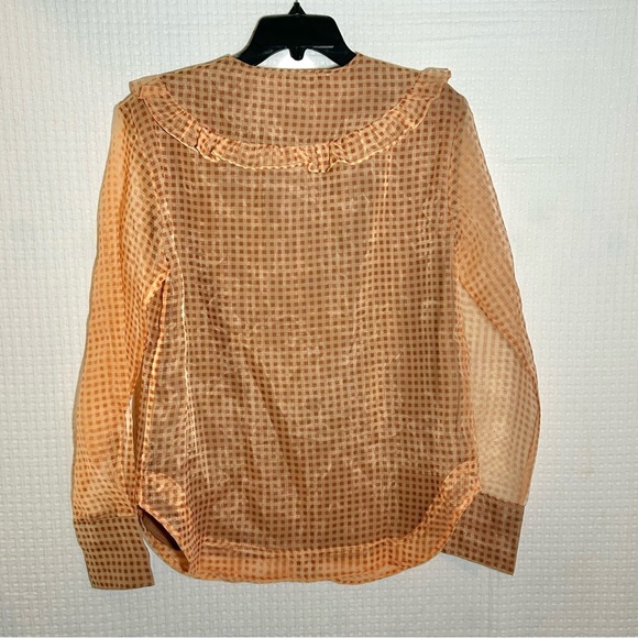 En Saison Size L Check Print Sheer Long Sleeve Blouse Ruffle Collar Lined Button - Picture 13 of 13